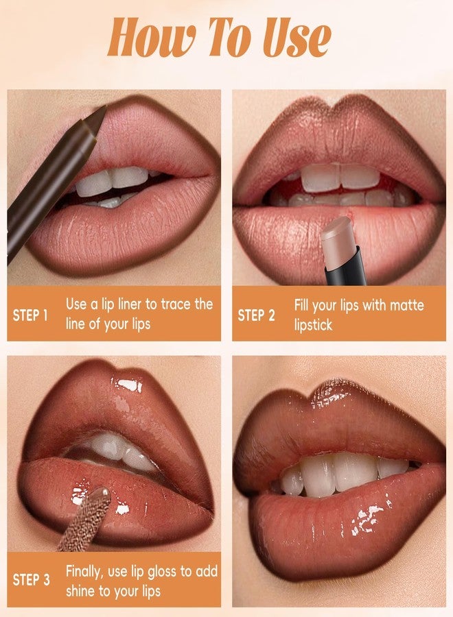 Noerrors Juicy Nude Lip Kit with Matte Lipstick & Nourishing Lip Gloss & Brown Lip Liner, Moisturizing Glossy High Shine Pluming Lip Combo for Women, Smooth Tinted Lip Glow Oil Lip Contour Trio Set - Image 5